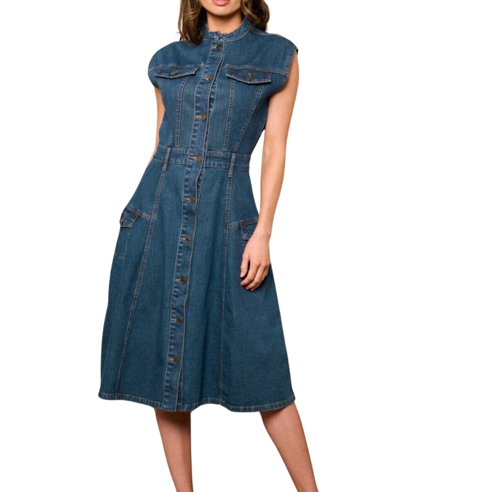 SUSTAINABILITY by RUBBERBAND, WOMEN'S DENIM MIDI DRESS POCKETS BUTTON CLOSURE